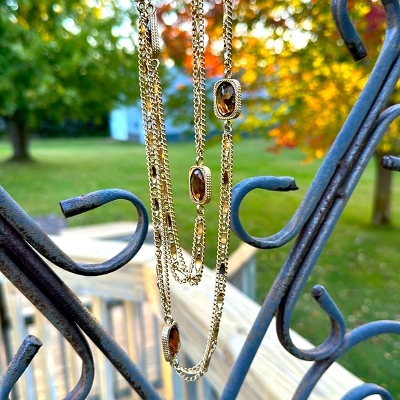 VTG 60’s Sarah Coventry Golden Embers Necklace Gold Tone w Topaz Amber Glass 52” - Picture 4 of 5